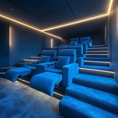 Fototapeta premium Luxurious Blue Lit Cinema Theater with Comfortable Lounge Seating