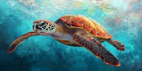 Fototapeta premium Digital art featuring a sea turtle swimming gracefully in the ocean showcases the vibrant beauty of marine life. This sea turtle artwork highlights the enchanting charm of oceanic environments.