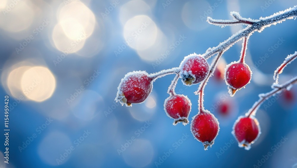 Aufkleber frosted red berries on branch with soft blue background and bokeh effect capturing the essence of wi