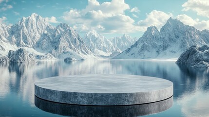 Textured podium glowing softly in the middle of a frozen lake surrounded by ice mountains