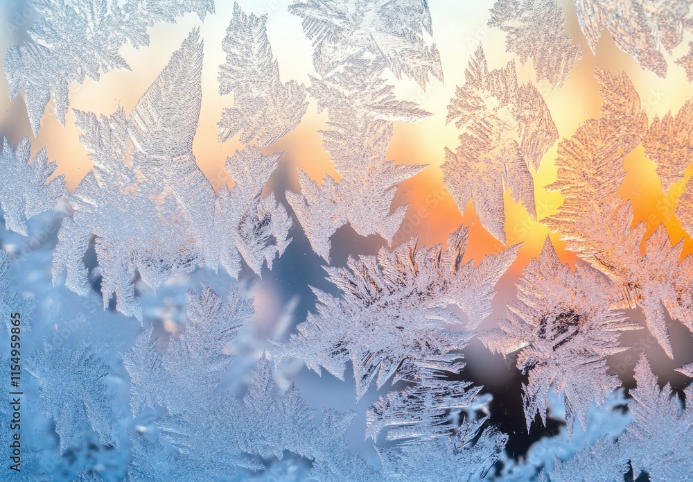 Poster frosted window pattern with intricate ice crystals resembling leaves against a blurred warm sunset b