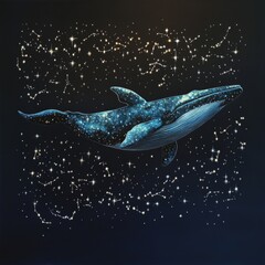Fototapeta premium Cosmic whale swimming in a starry night sky, constellations forming its body.