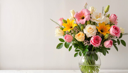 Fototapeta premium Beautiful bouquet of mixed flowers, including roses and lilies, in a glass vase, free space for text