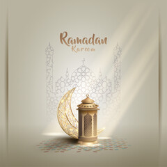 islamic greetings ramadan kareem card design with unique lanterns and crescent moon