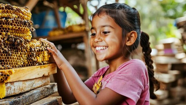 Young girl learning beekeeping and traditional practices for honey production