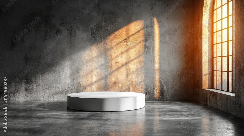 Poster a minimalist stage in a dimly lit room with sunlight streaming through a window.