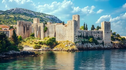Ancient Fortress by the Sea.  Coastal Fortress, Adriatic Coast, Travel Destination