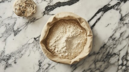 Flour in a cloth bowl on marble countertop.