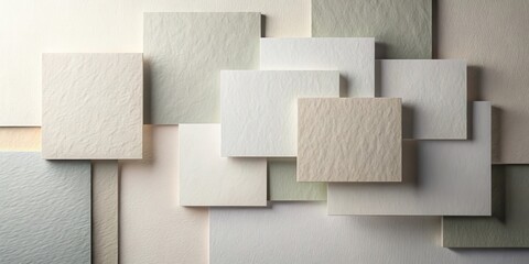 Abstract arrangement of textured papers in neutral tones showcasing subtle color variations and shadow play