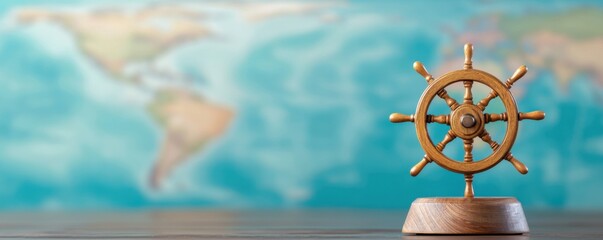 Navigating the seas of adventure ship wheel against world map nautical decor calm environment close-up view travel concept