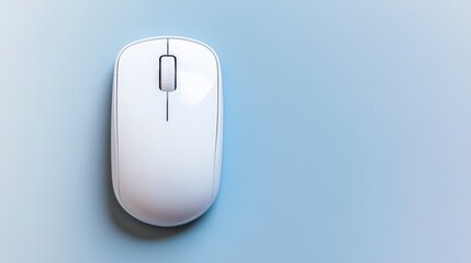 White wireless computer mouse on light blue background.