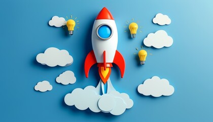 Creative Rocket Launching Ideas with Light Bulbs and Clouds Against a Blue Background