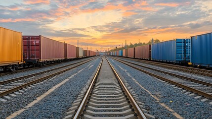Obraz premium Freight train with containers at sunset. Concept of global trade and logistics.