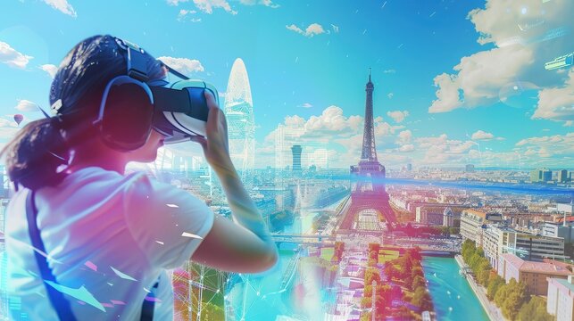A futuristic digital ad for a VR vacation company, showcasing virtual tours of world landmarks with social media sharing options.