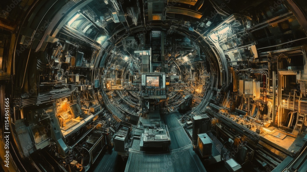 Poster futuristic circular machine interior with complex mechanisms and control panels.