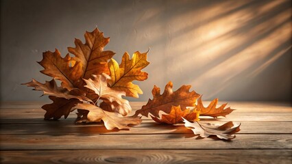 Obraz premium Autumnal Oak Leaves on Rustic Wooden Surface Basking in Warm Sunlight