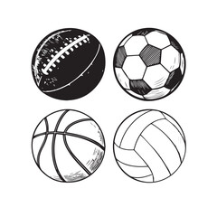 Set of sport ball vector collection isolated on white background. black Vector illustration. American Football, soccer, basketball, volleyball. Line style