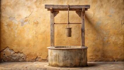 Rustic Wooden Well Against a Weathered Ochre Wall, Evoking a Sense of History and Nostalgia