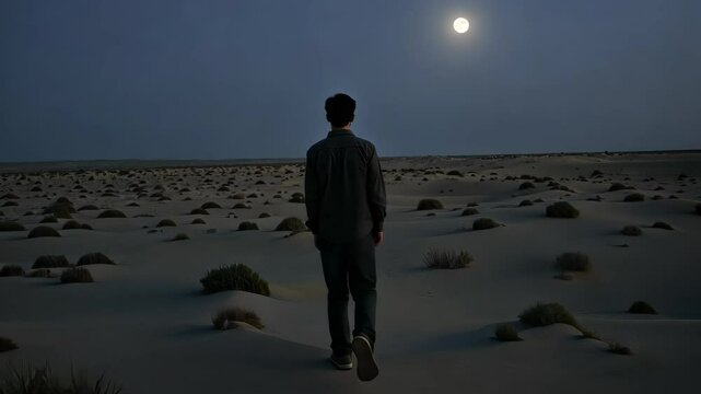 Solitude in the Desert: A lone figure walks towards the horizon, bathed in the ethereal glow of the moon. This image evokes a sense of introspection, mystery, and the vastness of the natural world. 