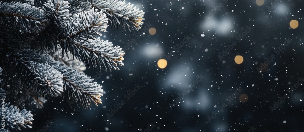 Poster gentle snowfall on a frosty evergreen branch, softly illuminated by distant bokeh lights, creating a