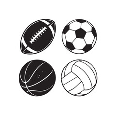 Set of sport ball vector collection isolated on white background. black Vector illustration. American Football, soccer, basketball, volleyball. Line style