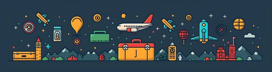 Travel adventure illustration with plane, luggage, hot air balloon, rocket, compass, and landmarks.