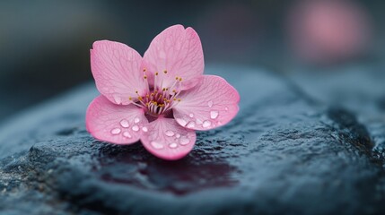 Fototapeta premium Delicate Pink Flower Blossom Resting on Dark Stone