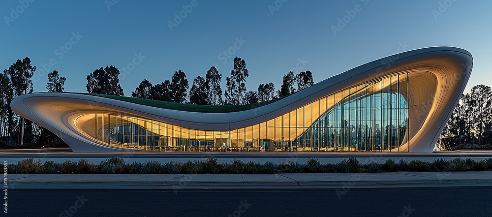 Poster a modern architectural structure with flowing lines and large glass windows, illuminated at dusk.