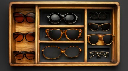 Wooden tray with assorted sunglasses in various shapes and colors.