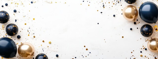 Elegant navy blue and gold balloons with confetti on white background.