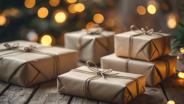 Rustic Wooden Table with Wrapped Presents and Festive Lighting