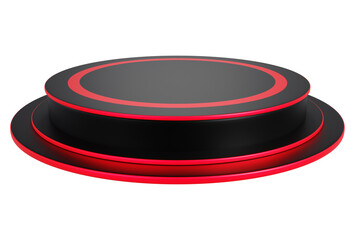 Black and red pedestal display platform with modern podium stand. Empty Exhibition stage background or empty product shelves.
