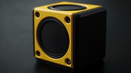 Obraz premium Yellow and black cube speaker on dark background.