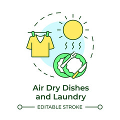 Air dry dishes and laundry multi color concept icon. Using clothesline and drying rack. Energy saving tip. Round shape line illustration. Abstract idea. Graphic design. Easy to use in booklet