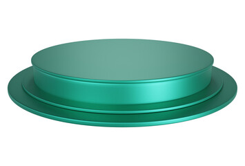 Green pedestal display platform with tiered modern podium stand. Empty Exhibition stage background or empty product shelves.