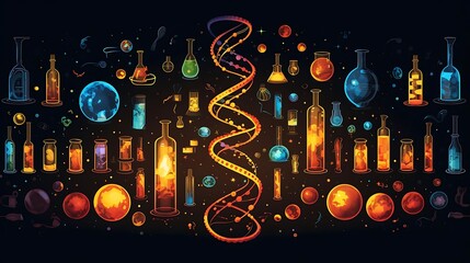 Colorful DNA helix surrounded by glowing potion bottles and planets on a dark background.