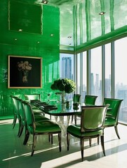 Modern Green Dining Room With City View