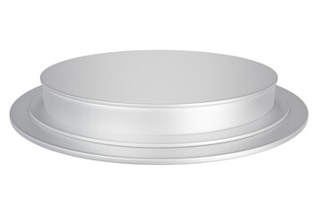 White pedestal display platform with tiered modern podium stand. Empty Exhibition stage background or empty product shelves.