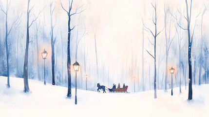 An enchanting winter watercolor scene of a horse-drawn sleigh gliding through a snowy forest. The sleigh's passengers are bundled up in warm blankets, while lanterns glow softly in the twilight.