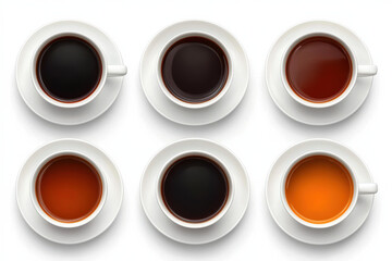 Six tea cups with saucers in row on white background isolated design on white background