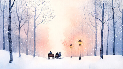 An enchanting winter watercolor scene of a horse-drawn sleigh gliding through a snowy forest. The sleigh's passengers are bundled up in warm blankets, while lanterns glow softly in the twilight.