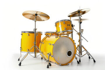 Fototapeta premium A vibrant yellow drum set with cymbals, designed for musical performances. isolated on white background