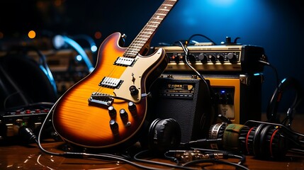 Electric guitar with amplifier and audio equipment on a wooden surface.