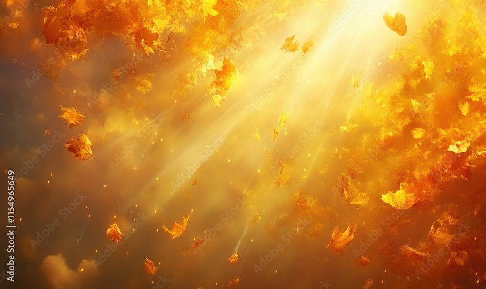 Poster golden autumn leaves falling through soft sunlight with hints of warmth and serenity creating a drea