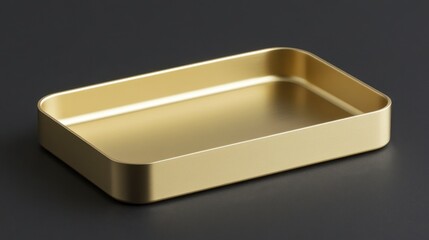 Gold rectangular metal tray on dark background.