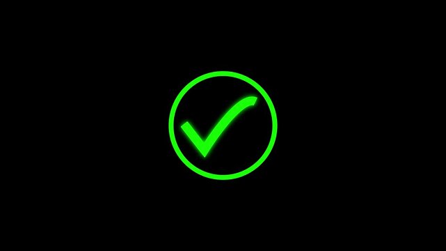 Check mark animation icon. Correct, success sign, Approved tick mark icon animation on black background.