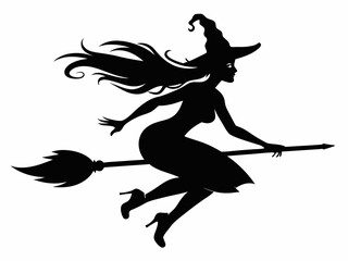 Witch on a Broomstick Silhouette – Black Vector Illustration on White Background.