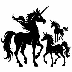 Unicorn and Horse Silhouette Set – Black Vector Designs on White Background.