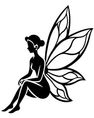 Elegant Sitting Fairy Silhouette – Black and White Vector Illustration on White Background.