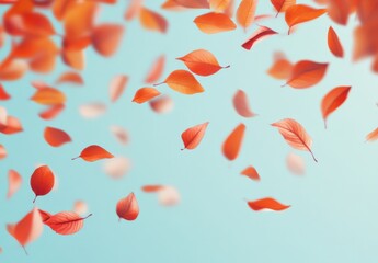 Graceful Falling Leaves in Autumn with a Soft Blue Background, Capturing the Tranquil Essence of Nature's Seasonal Changes and the Beauty of Transitioning Colors